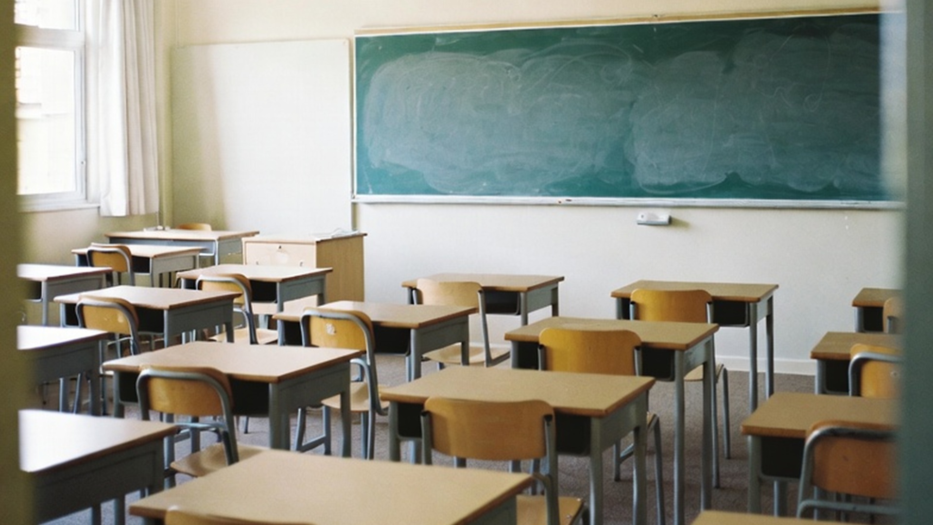 Imagen de IA de un salón de clases son asientos y pizarrón, pero sin alumnos.