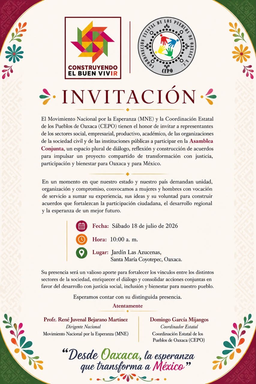 CEPO y el Movimiento Nacional por la Esperanza realizarán una asamblea conjunta en Oaxaca; buscan construir un proyecto de transformación