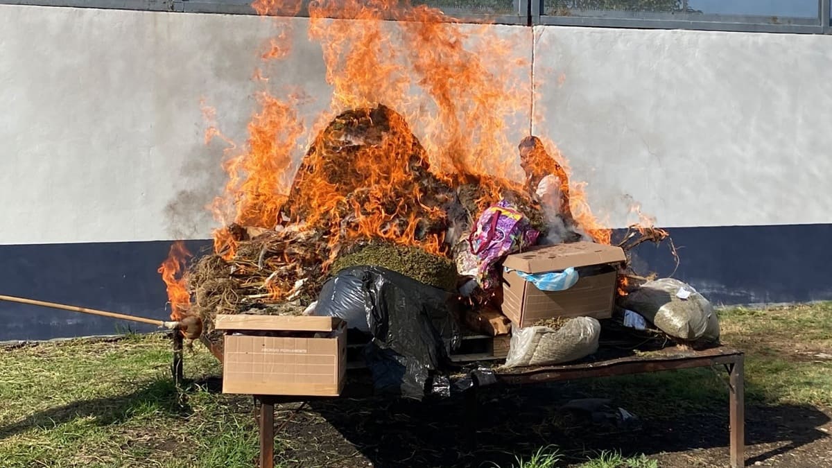 Imagen de una pila de bolsas que contendrían droga y están siendo incineradas