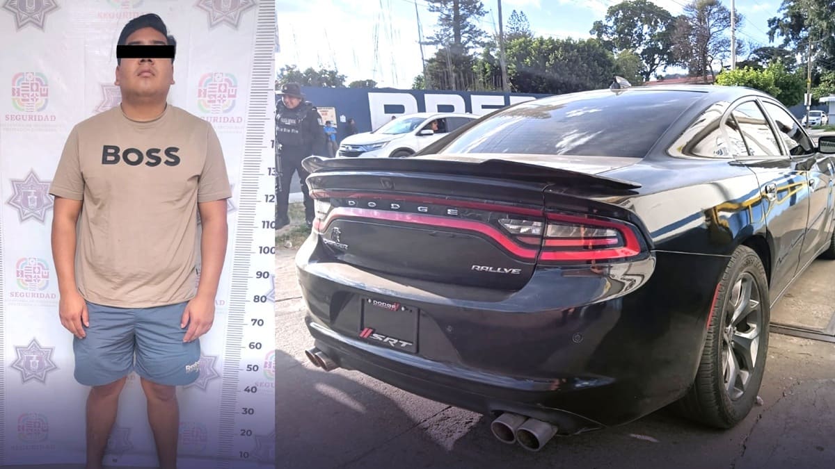 Dos imágenes presentadas como una; en la primera aparece un hombre son short azul y playera café, en la segunda la parte trasera de un auto negro