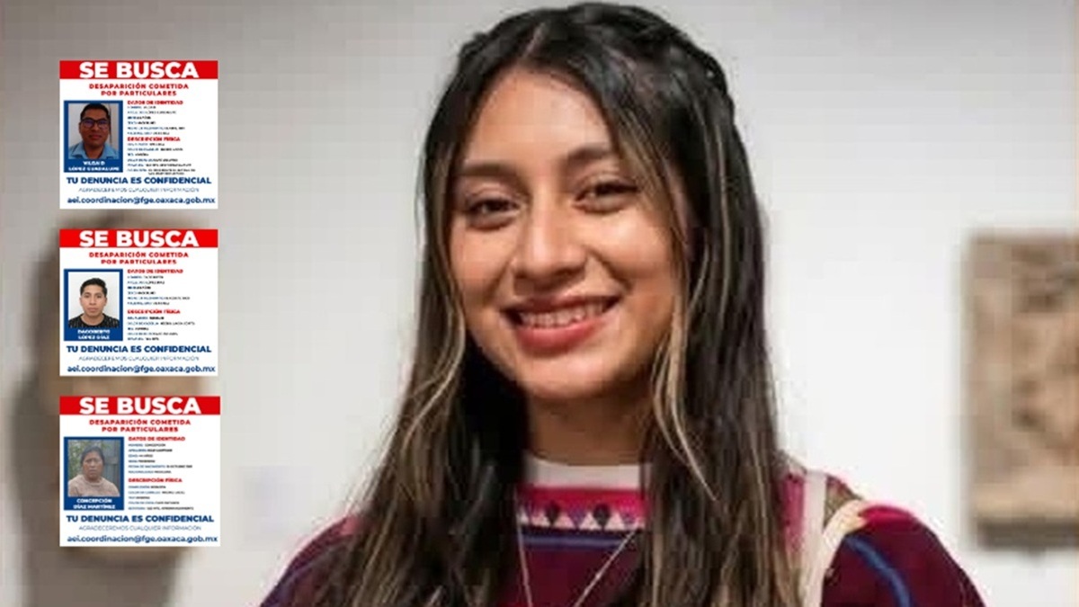 Imagen de Roxana López Martínez con ropa mixe y sonriente, junto a tres recuadros con la imagen de personas relacionadas con su desaparición