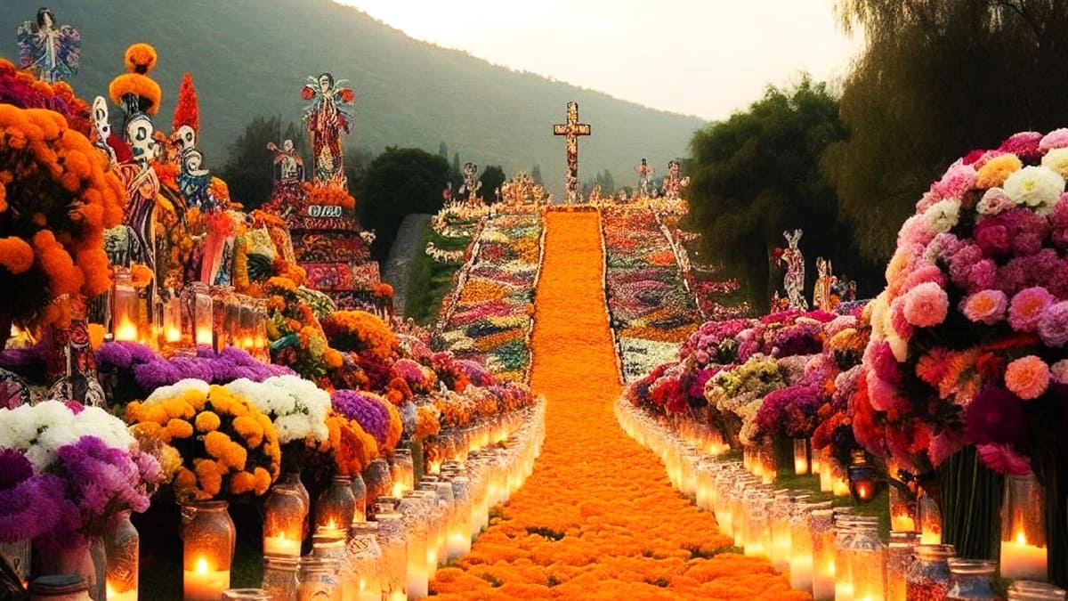 Camino de flores amarillas en el Día de Muertos en Oaxaca