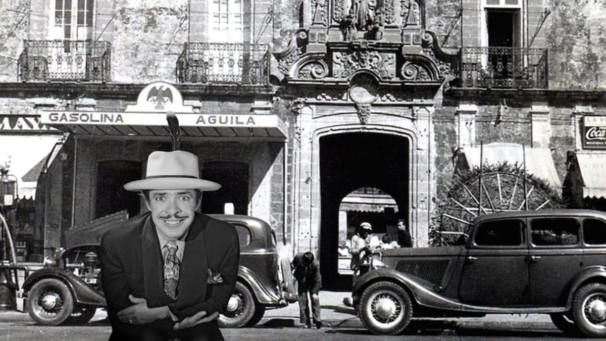 Imagen compuesta en blanco y negro del actor y comediante Tin Tan y la fachada del famoso Hotel de Cortés de avenida Hidalgo en los años 30