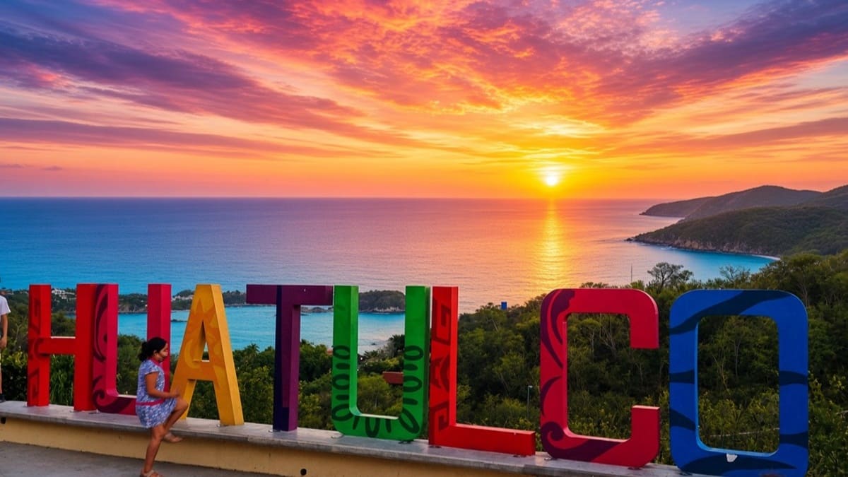 Letrero monumental de Huatulco en una cima de cara al mar en un atardecer