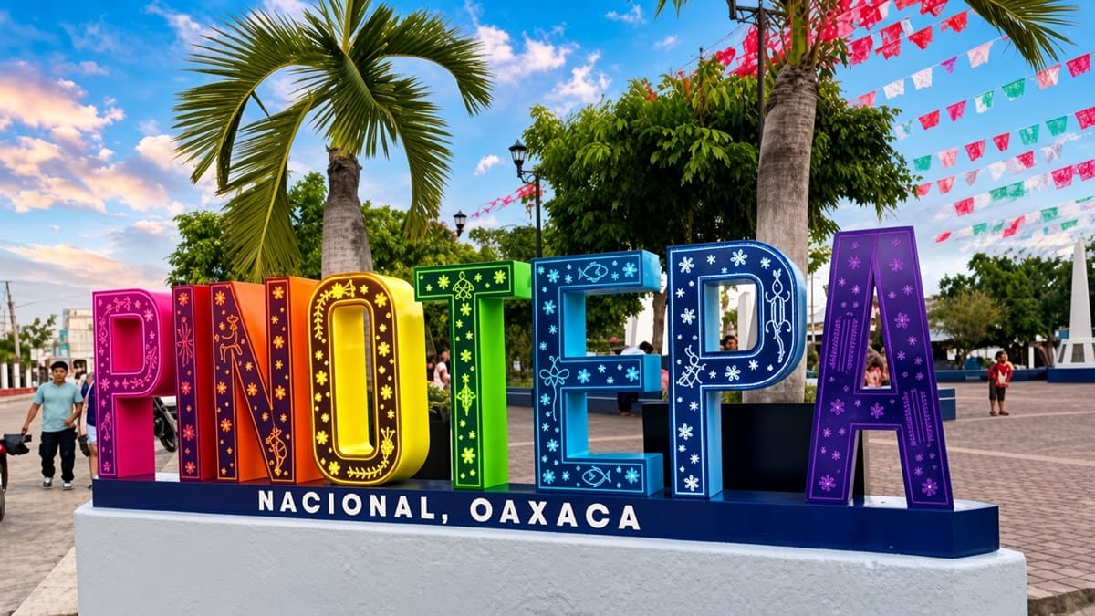 Letrero de Pinotepa Nacional en estilo luminoso sobre una base de cemento en el parque principal del municipio