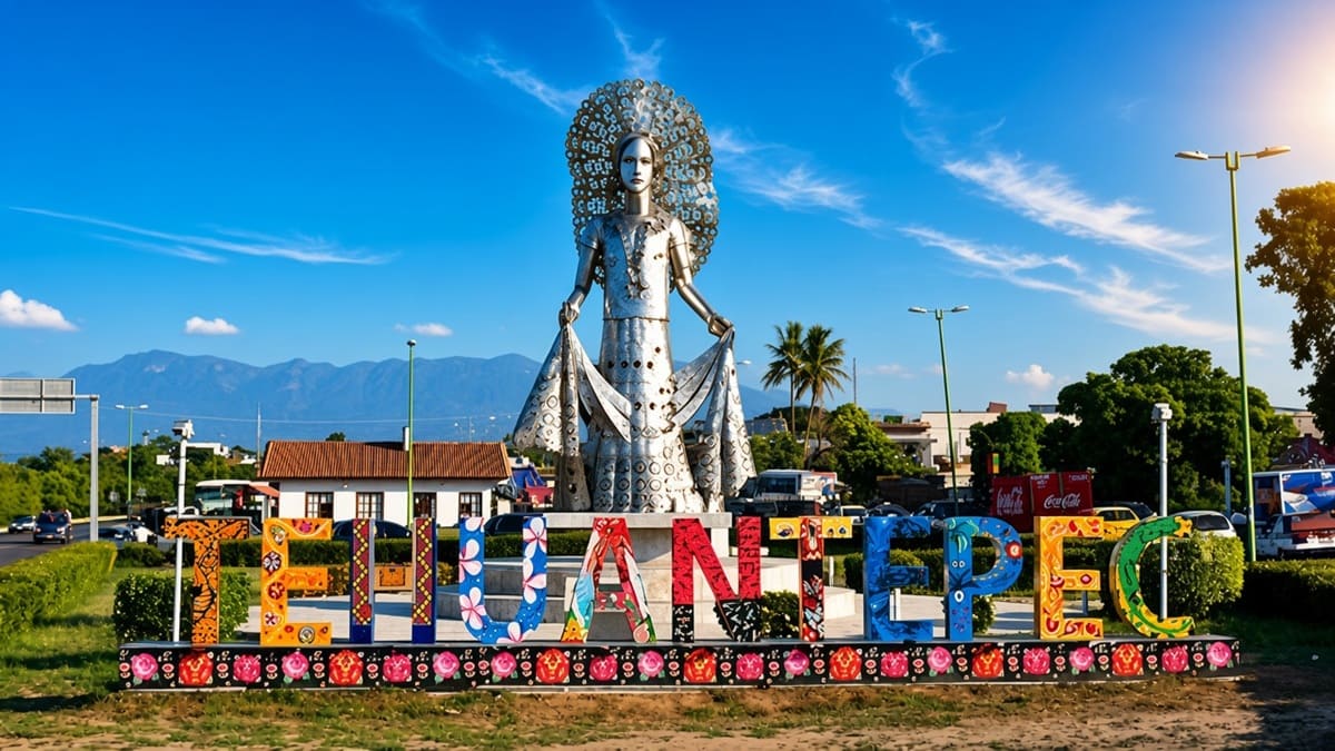 Emblemática estatua de metal en Tehuantepec con el nombre de la ciudad a sus pies