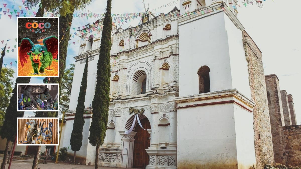 Imagen de la fachada de la iglesia de San Martín Tilcajet y tres recuadros: el cartel de la película Coco con un alebrije, dos artesanas haciendo alebrijes y otro más con una muestra de alebrijes coloridos
