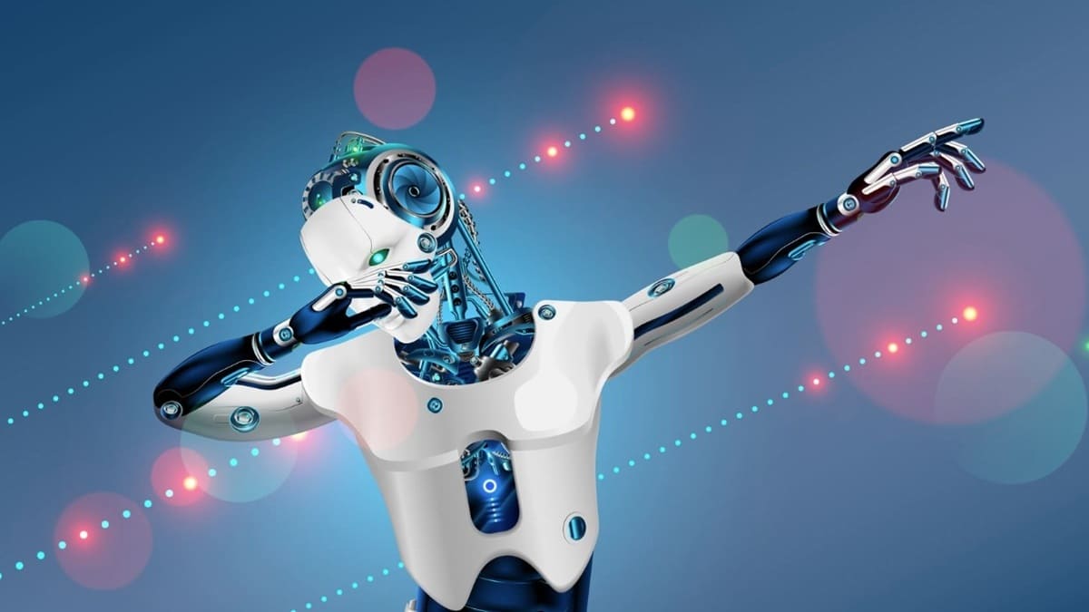 Imagen de diseño de un robot realizando un saludo entre circuitos