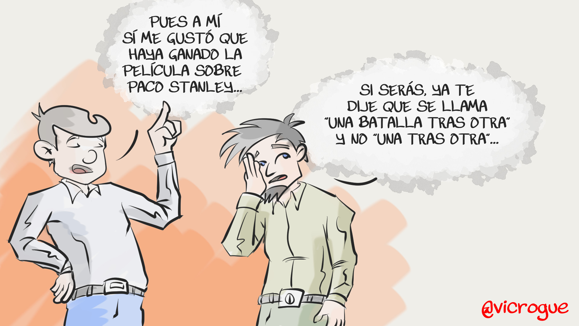Caricatura de dos hombres jóvenes conversando sobre los Premios Oscar 2026.
