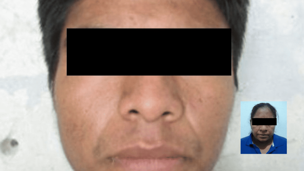 Un hombre con el rostro cubierto por ley, así como un cuadro donde aparece una mujer e la misma condición