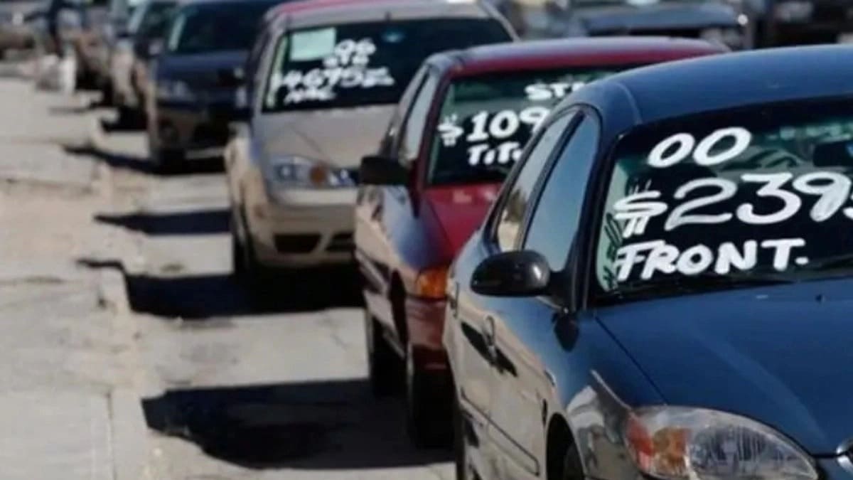 Fila de autos de diferentes colores y modelos con leyendas escritas en los parabrisas