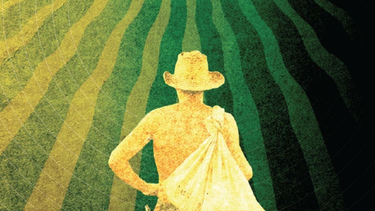 Imagen de diseño de un campesino con sombrero cargando una bolsa y viendo hacia una parcela