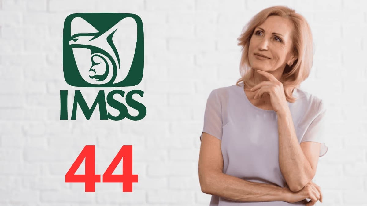 Mujer adulta con blusa blanca junto al logo del IMSS y la leyenda 44