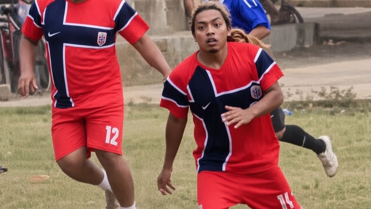 El jugador joven de Silao, con uniforme de Noruega y cabello rubio, en un campo de futbol sin pasto