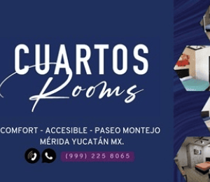Anuncio de Cuartos Rooms con fondo azul y la descripción de sus servicios con un número telefónico.
